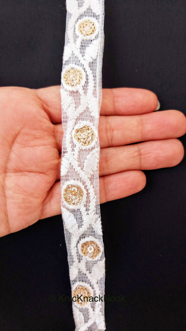 White Net Lace Trim In Floral Embroidery And Glitter Gold Sequins, , Wedding Trims